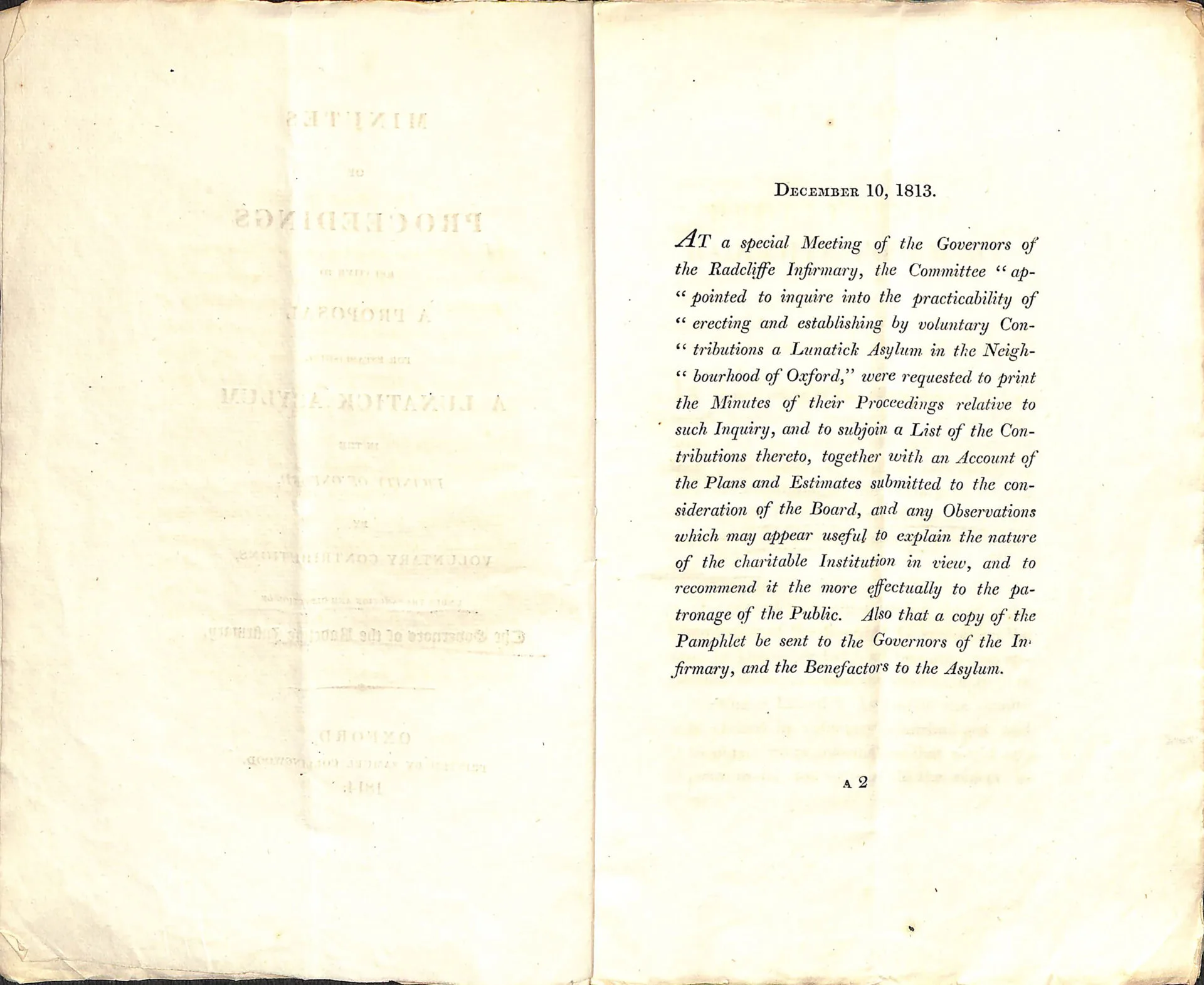 Minutes of Proceedings (10 Dec 1813) referring to a proposal to establish a ‘Lunatick asylum in the vicinity of Oxford’ (Page 2 of 2)