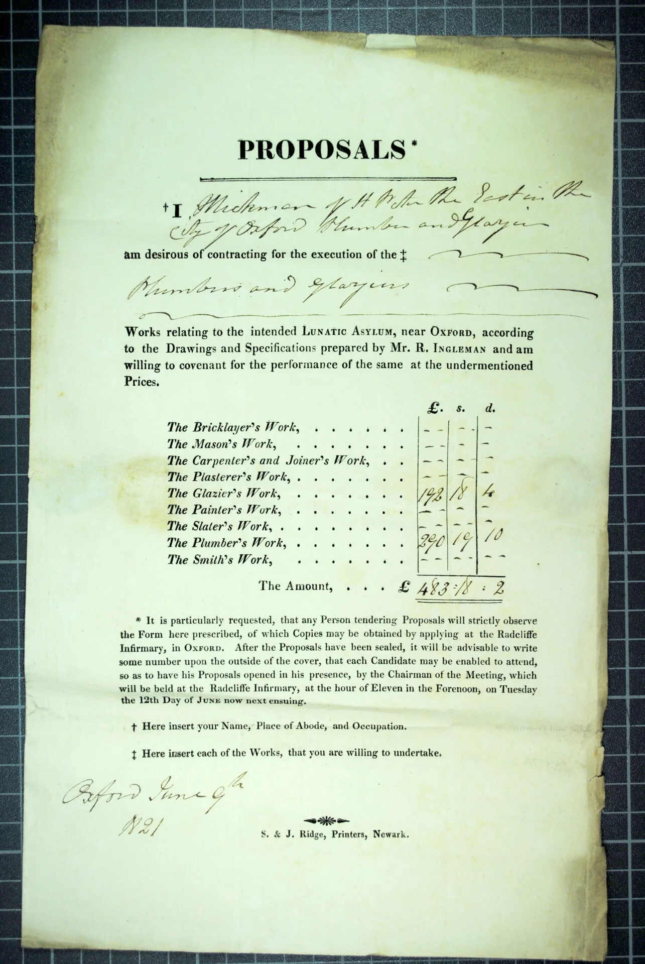 Proposal for plumber’s and glazier’s work at the Radcliffe Asylum, according to the architect Richard Ingleman’s specification, in 1821.