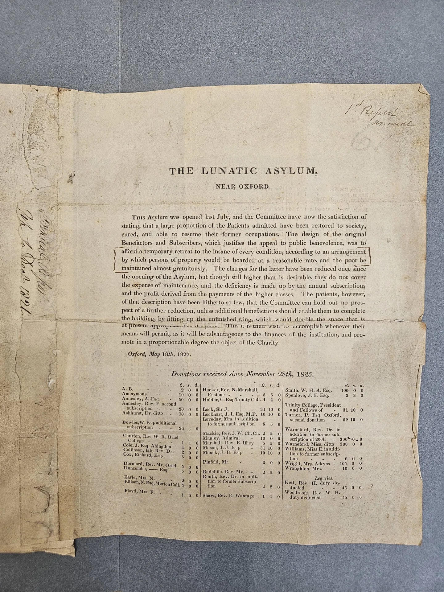 The first annual report of the Lunatic Asylum near Oxford from 1826, showing the donations and annual subscriptions, as well as the costs incurred to 31 December 1826. (Page 1 of 2)
