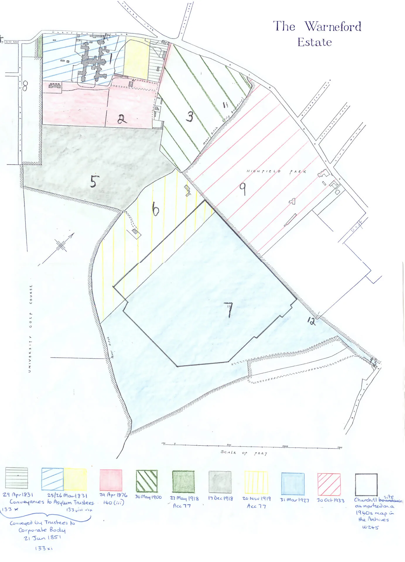 Plan to show how the Warneford Estate grew over the years as more land was acquired.