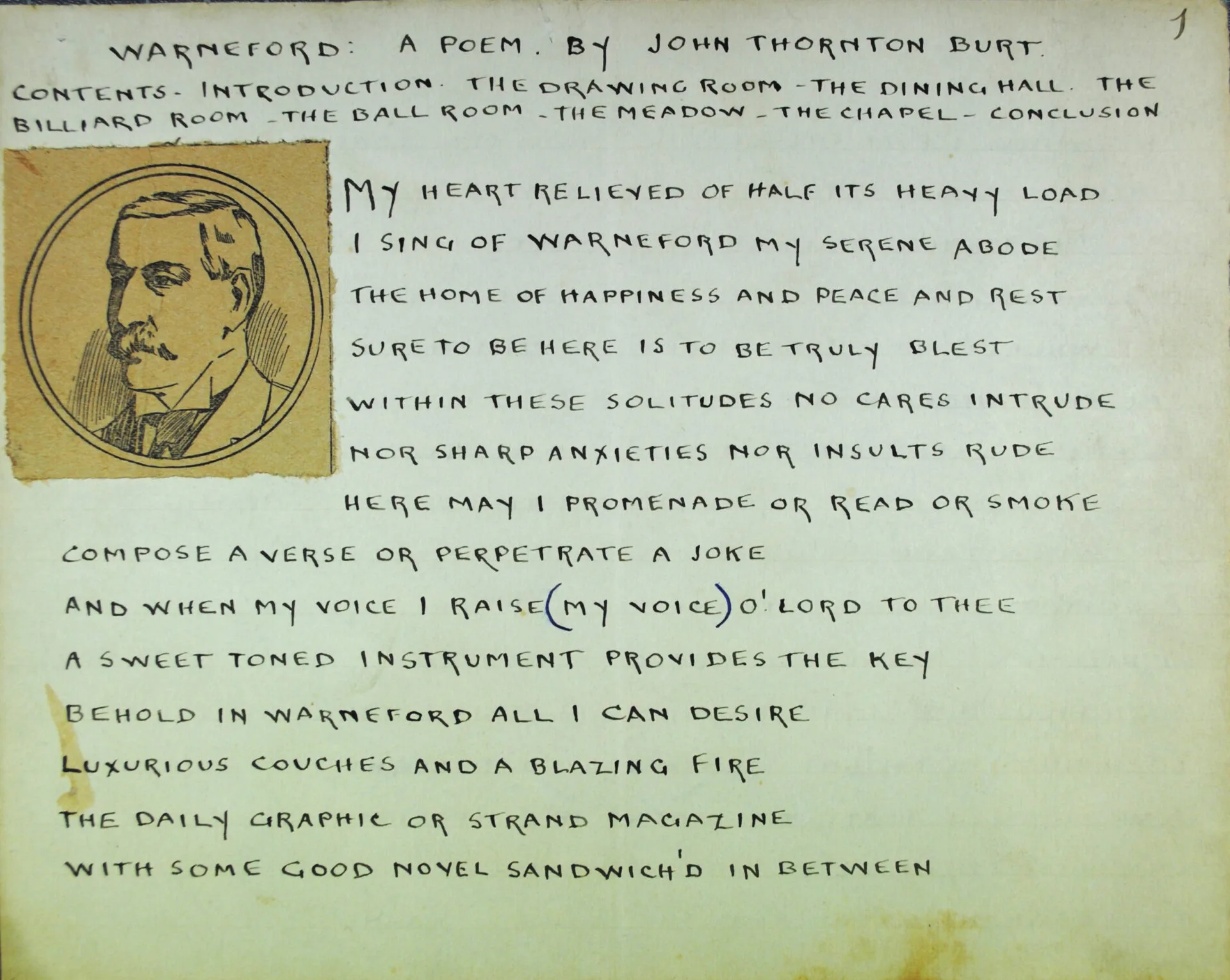 First page of an extended poem written by patient John Thornton Burt in the 1890s. John’s profession before admission to the Warneford was described as “advertising agent”.