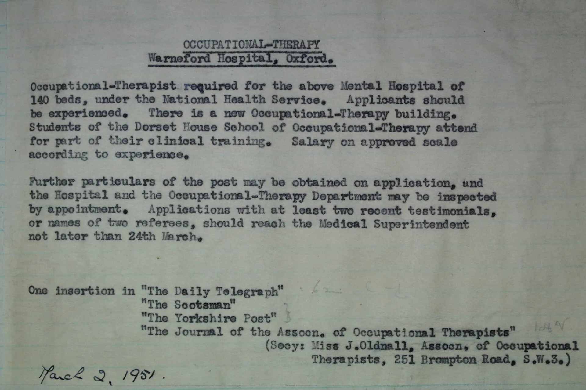 The Warneford advertises for an occupational therapist in 1951.