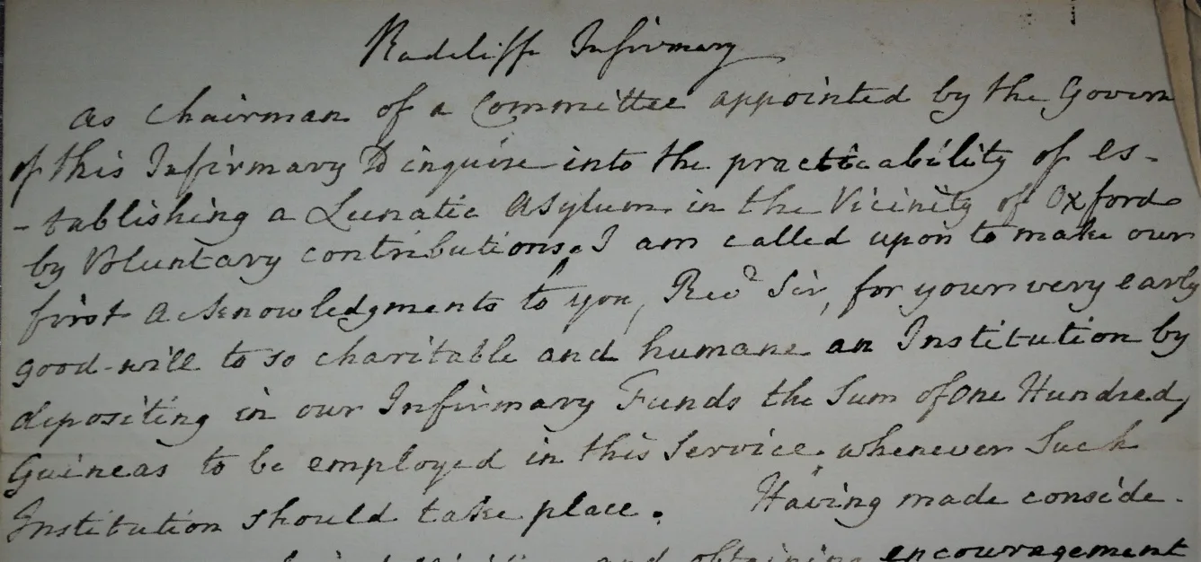 OHA WP 2/viii Letter from Dr John Cooke, Chairman of the Committee for founding a lunatic asylum in Oxford, to Rev John Vye, Wootton, Northants acknowledging with thanks his donation of 100 guineas.