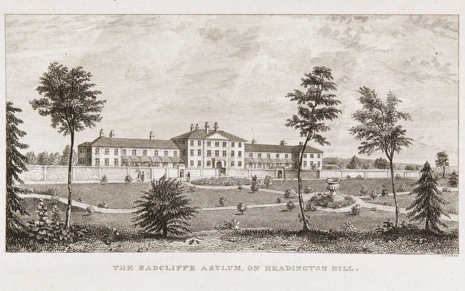 Early engraving (1830s) of the hospital (then known as the Radcliffe Asylum) showing the Ladies’ Ornamental Gardens. To the right of the picture you can see the urn that is now located outside Wintle Ward. Credit: Oxfordshire History Centre POX0582292