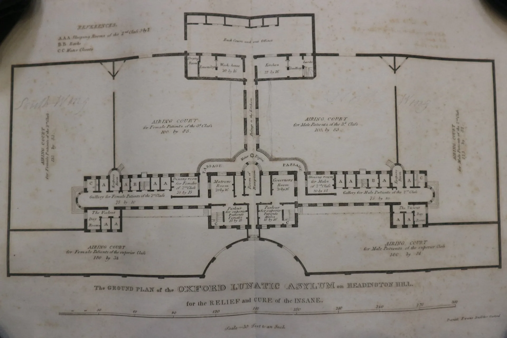 This plan from 1827 shows the original front entrance to the hospital, with the semi-circular lawn in front. It also indicates the Airing Courts; at the front on the left are the courts for “ladies of the superior class”, the walls of which you can see in the photograph above. Credit: Oxfordshire Health Archives OHA WV 155