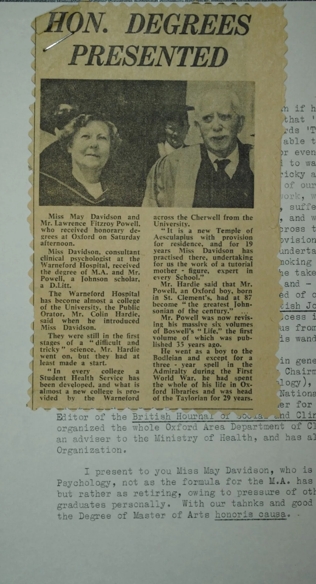 Newspaper clipping of May Davidson, clinical psychologist, receiving an Honorary MA from the University of Oxford, in recognition of her work supporting students with mental health challenges. Credit: Oxfordshire Health Archives OHA W Add 254