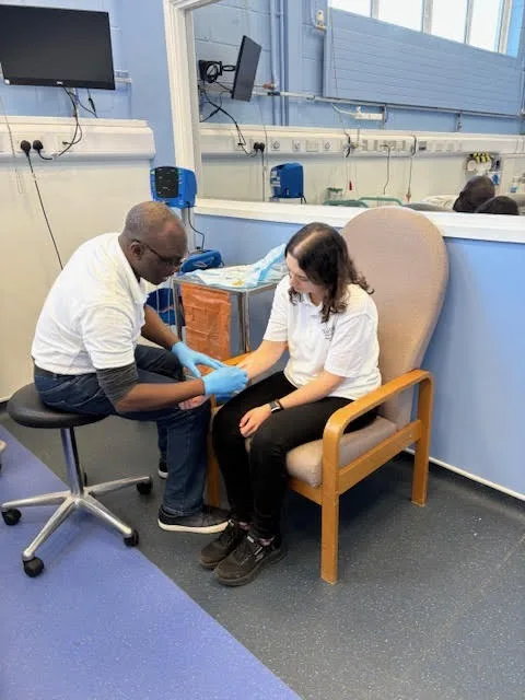 Students of mental health nursing at Oxford Brookes University, where training now takes place (from the left: collaborative study; classroom presentations; wound care training). Credit: Oxford Brookes University