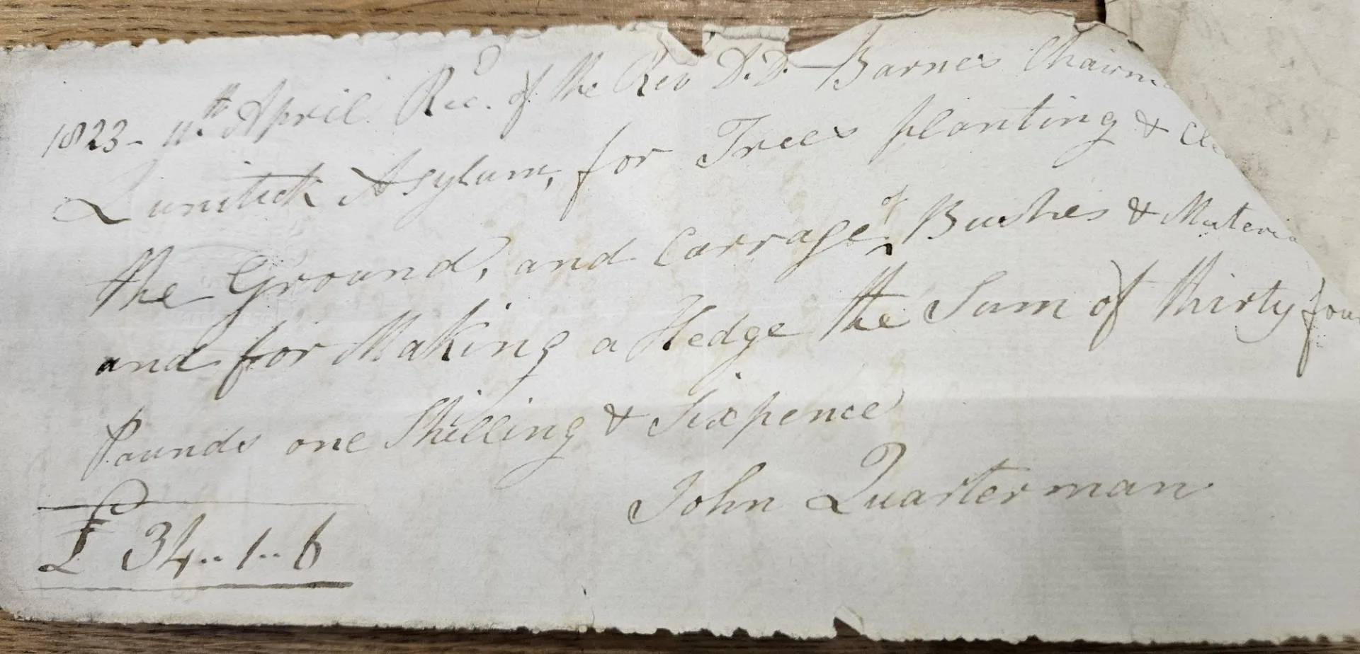 Receipt for payment of an invoice for tree planting, also submitted in 1823. Credit: Oxfordshire Health Archives OHA W/P/11/vii