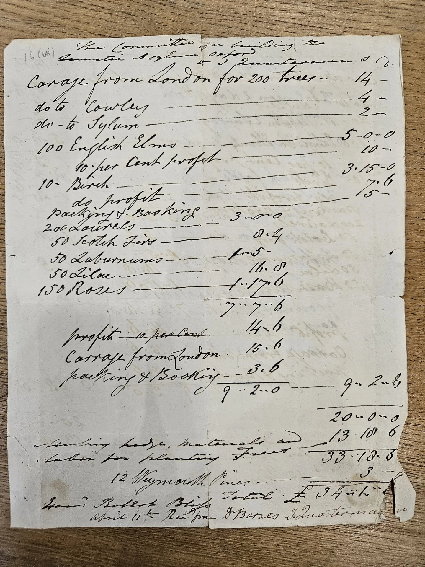 Invoice for trees sent up from London for the Warneford grounds submitted in 1823. Credit: Oxfordshire Health Archives OHA W/P/16/vi